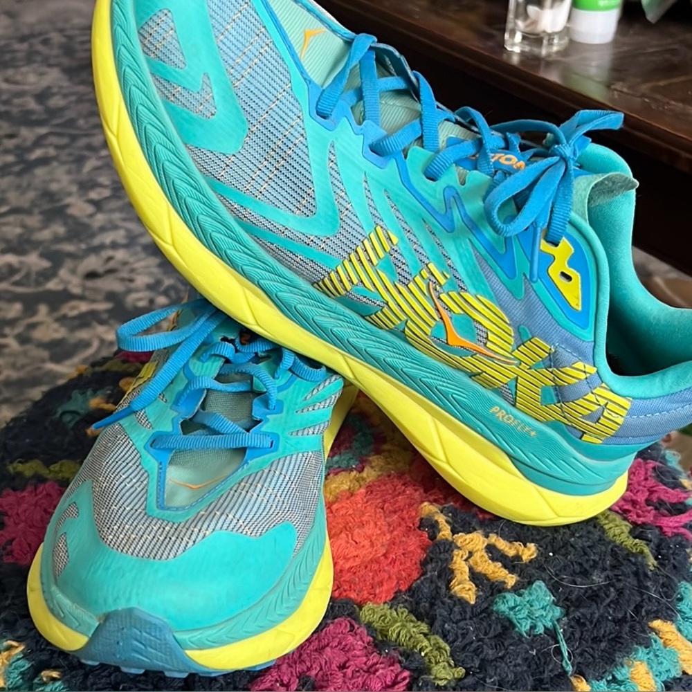 Hoka Vibrant Teal and Yellow Sneakers. Size 11 women’s